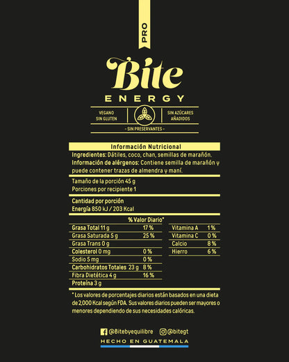 Tabla Nutricional Barra Pro Energy Bite